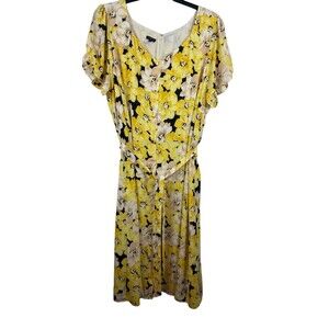 Talbots Yellow Floral Sheer Lined 24W Short Sleeve Button Up Tie Waist Dress